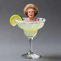 tiny margaret thatcher swimming inside a beautiful glass of margarita, hyper realistic, highly detailed, studio lighting, food photography, funny