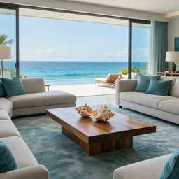 A modern living room in a ocean hues style next to a big terrace overlooking the ocean, a luxurious wooden coffee table with large seashells on top in the center, inspired by the ocean, calm, relaxed style, harmony, wide angle shot, 8k resolution, ultra detailed