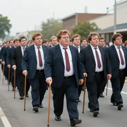 A large group of chubby men in suits and neckties parading through the street holding canes, overcast day, 1990s.