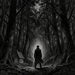 lonely man in coat with sword, dark forest, alone in the woods, rotogravure, dark, majestic, powerful, dark fantasy manga artstyle, by gustave dore and inoue takehiko, small cabin