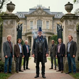 timelord dr. dave chapelle telepathic space entity wearing a smoking jacket and fez emerges from the front gate of his palatial abode ross tran mandy jurgens guillem h. pongiluppi craig j. spearing giorgio chirico jamie wyeth greg rutkowski tombow