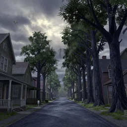 curved perspective digital art of a clowdy summer small town street with tall trees from nightmare before christmas by anton fadeev