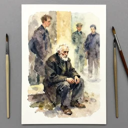 small centered on watercolor paper, paint brush strokes, abstract watercolor painting of old man sitting, poor bum, cinematic light, national romanticism by hans dahl, by jesper ejsing, by anders zorn, by greg rutkowski, by greg manchess, by tyler edlin
