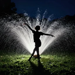 a person dances in lawn sprinklers at night, casting a silhouette against the sky, 25mm f/1.8 Kodak Portra 400 4k