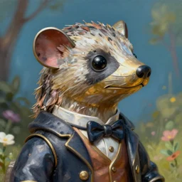 closeup profile portrait of a tin toy anthropomorphic weazle as a victorian gent, hyper realistic, artstation, illustration, digital paint, matte paint, vivid colors, bright, cheerful, detailed and intricate environment