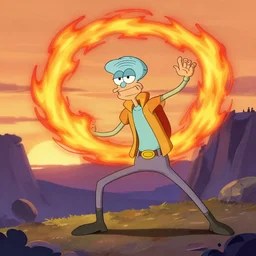 squidward firebending outside at susnset, art by [ [ moebius ] ]