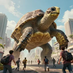 Giant Tortoise Kaiju towering over a city as people run away, photo realistic, movie still, 4k, 8k, action film