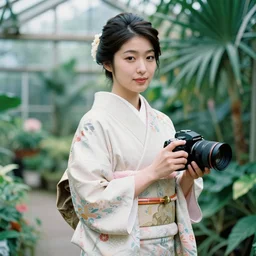 fashion photograph of a beautiful Japanese woman wearing a traditional kimono in an tropical greenhouse, by Annie Leibowitz, extremely detailed, large format camera, Fuji Provia film, 85mm lens, bokeh, bokeh, blurred background, photorealistic, trending on instagram, trending on artstation