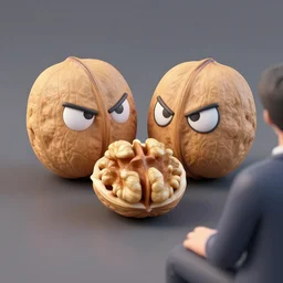 3 d render of 2 walnuts with eyes glaring at someone sitting down