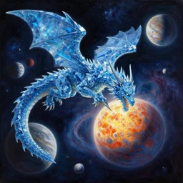 prompt blue crystalline dragon, devouring a planet, space, planets, moons, sun system, nebula, oil painting, by Fernanda Suarez and and Edgar Maxence and greg rutkowski