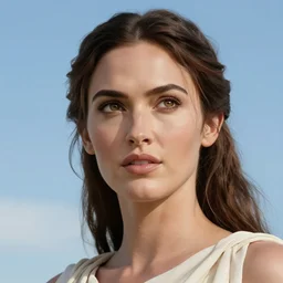 megan fox as a Greek goddess in the sky, detailed face, realistic face, highly detailed, sharp, 4k, hd, octane render