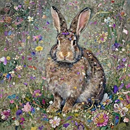 a rabbit with long hairs and flowers in them, flower petals flying around in the background, art by James Jean and Wayne Barlowe, high detail, cinematic, cgsociety 8k