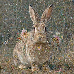 a rabbit with long hairs and flowers in them, flower petals flying around in the background, art by James Jean and Wayne Barlowe, high detail, cinematic, cgsociety 8k