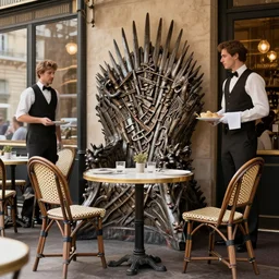 a photorealistic render of a parisian cafe at lunch time but all the chairs look like the iron throne, iron throne from game of thrones, fancy french waiters, ultra detailed face, 8 k, artstation, volumetric lighting, smooth, highly detailed, octane render, by andres rocha and albert bierstadt and greg rutkowski