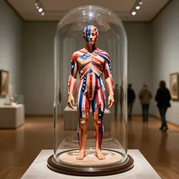 a perfect photograph of a museum exhibit, a glass human shaped belljar enclosing a man who has had all his skin cut into patriotic ribbons