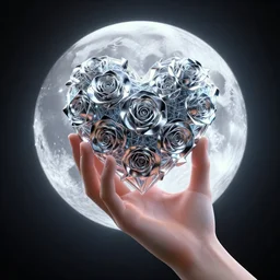 3 d render of a perfect human hand holding a heart, roses made of chrome, moon in background!!!!!, geometric neon fractal light, 4 k, award winning, trending on artstation, rule of thirds, volumetric lighting, octane render