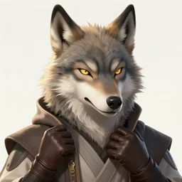 close up character portrait icon of the anthro anthropomorphic of the male anthropomorphic wolf fursona wearing jedi robes. leather gloves. character design by charlie bowater, ross tran, artgerm, and makoto shinkai, detailed, soft lighting, rendered in octane