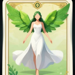 a girl with green leaves for wings. concept art by muggur, flowing white dress, smooth, sharp focus, artstation contest winner, fantasy, 2 d game, tarot card