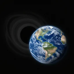 Digital art of a black hole absorbing the planet Earth, side view