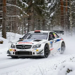 a 2 0 0 9 mercedes - benz c - klasse dtm, racing through a rally stage in a snowy forest