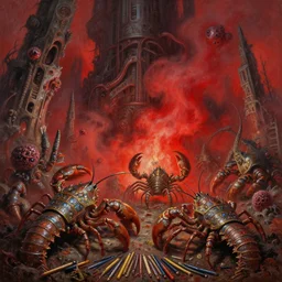 fine art oil painting pencils varied muck jeweled, filthy rugated armored crustaceans clawing & terrified as massive brutalist structures, claustrophobic cilia sporing pox, final battle failure, red mustard gas fog, by alex nino by francesco blanc, geof darrow, corben, hyper detailed, cinematic, ornate masterpiece, torch light shot by artstation winner