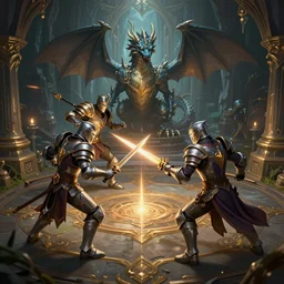 three knights and one dragon league of legends style fight in big cave, movie action scene, 8 k, lumen reflections, sharpened, insanely detailed and intricate, elegant, ornate