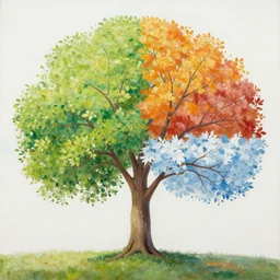 a beautiful painting of one single tree representing all four seasons. Spring, Summer, Autum, Winter.