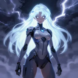 an extremely aggressive android monster girl, glowing long hair, thunder clouds, painted by Peter Andrew Jones
