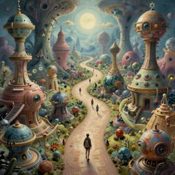 an epic elite masterpiece whimsical complex science fantasy matte painting of a winding path through fantasy dream worlds, vast surreal worlds by asher durand and cyril rolando and natalie shau, insanely detailed and intricate, sense of awe