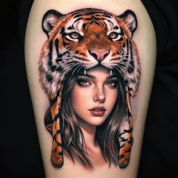 tattoo design of a beautiful girl, wearing a tiger head hat, hyper realistic, hyper detailed, in the design of eliot kohek