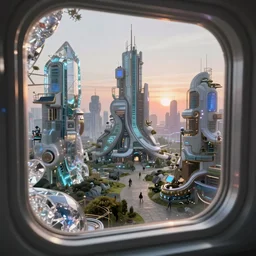 a cinematic composition depicting : a translucid crystal - being viewing out of their window how a high tech lush solarpunk tribe with their technology is encroaching on a distant cyberpunk world at sunrise