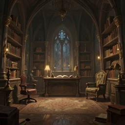 Matte painting of the interior view a wizard's study room. Dynamic centralized perspective. Fantastical, detailed digital art trending in ArtStation
