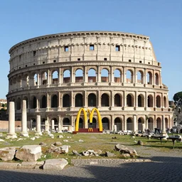 Photograph of a McDonalds in a ancient Rome, wideshot,longshot,fullshot.