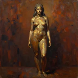 detailed full body portrait in strong femininity, ethnic, realistic face sculpted features, statuesque model, grunge outfit, warm glow, bathed in light, filmic, chiaroscuro, specular highlights, angular impressionism, radiosity, deep rich tones, contemporary art, oil on canvas