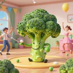 a comic showing a broccoli preparing his party, dancing people, highly detailed, 8 k