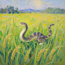 snake shaped kitten, playing at rice field, monet painting, impressionist painting, landscape,