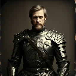 tintype photo of jaime lannister, wearing armor, by julia margaret cameron 1 8 8 0 s, realistic, body shot, sharp focus, 8 k high definition, insanely detailed, intricate, elegant