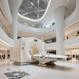 a minimalist modern shopping mall interior, high tech industrial and maschinen krieger, mri machine millennium falcon space-station with massive pillars inspired by a Zaha Hadid, Dubai, London, Foster and Partners, Calatrava, generative design, grasshopper 3d, in the style of Greg Broadmore and Arthur Rackham and Moebius, trending on artstation, light lighting side view,digital art,surrealism ,macro, blueprint, vaporwave