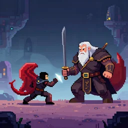 pixel art 8 bit gandalf fights 8 bit balrog on an alien planet, sci - fi, two suns in the sky, sunset, strange rock formations, rolling hills, atmospheric, misty, artstation, deviantart