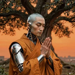 hyperrealistic hyper detailed baroque 35mm portrait of cyborg monk praying to a giant oak tree matte painting concept art dali hannah yata very dramatic orange lighting low angle hd 8k sharp shallow depth of field
