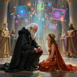 illustration of h. r. giger and liliia sitailo, artist paint in air colorful elements of bright sci - fi hologram elements, great hall with royal guardians, dramatic, sharp focus, depth of field, highly detailed, artstation, digital art, volumetric light, dynamic, expression