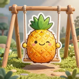 die cut sticker of chibi anime smiling pineapple on a swingset