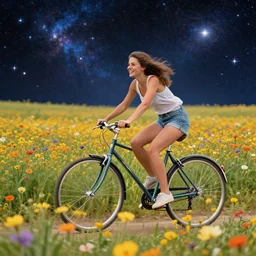 happy beautiful drawn photorealistic female image riding bike through interstellar star flowers field
