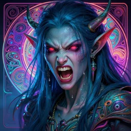 I have no mouth and i want to scream, cyberpunk angry gorgeous druid,  neon, fibonacci, sweat drops, insane, intricate, highly detailed, digital painting, artstation, concept art, smooth, sharp focus, illustration, Unreal Engine 5, 8K, art by artgerm and greg rutkowski and alphonse mucha