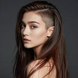female model, portrait, beautiful, long hair on one side buzz cut on other side, photography, hyper realistic, photographic, studio lighting, dynamic lighting, sharp focus