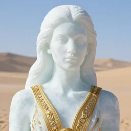 close up of face of an ice sculpture from a fashion model, in desert, versace dress, highly detailed