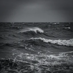 an enigmatic ocean, grey - scale, highly turbulent, deep focus, dark sky