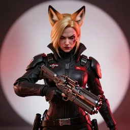 close up of evil futuristic dystopian regime soldier, plasma gun, angry, blonde hair with fox ears, human, female, concept design, contrast, hot toys, kim jung gi, greg rutkowski, zabrocki, karlkka, jayison devadas, trending on artstation, 8 k, ultra wide angle, pincushion lens effect, red and black color scheme