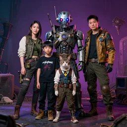 cyberpunk cat wearing robot mask, family photo, apocalyptic setting, fallout 5, steampunk, deep colors, studio lighting