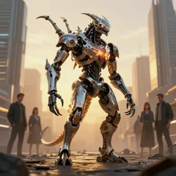 exoskeletal robotic demonic creature, glowing, reptilian designed by jony ive in cybercity, golden hour, poster by michael whelan and gilbert williams and evgeny lushpin and artgerm and alena aenami, 3 0 mm, well proportioned, highly detailed, rule of thirds, long exposure